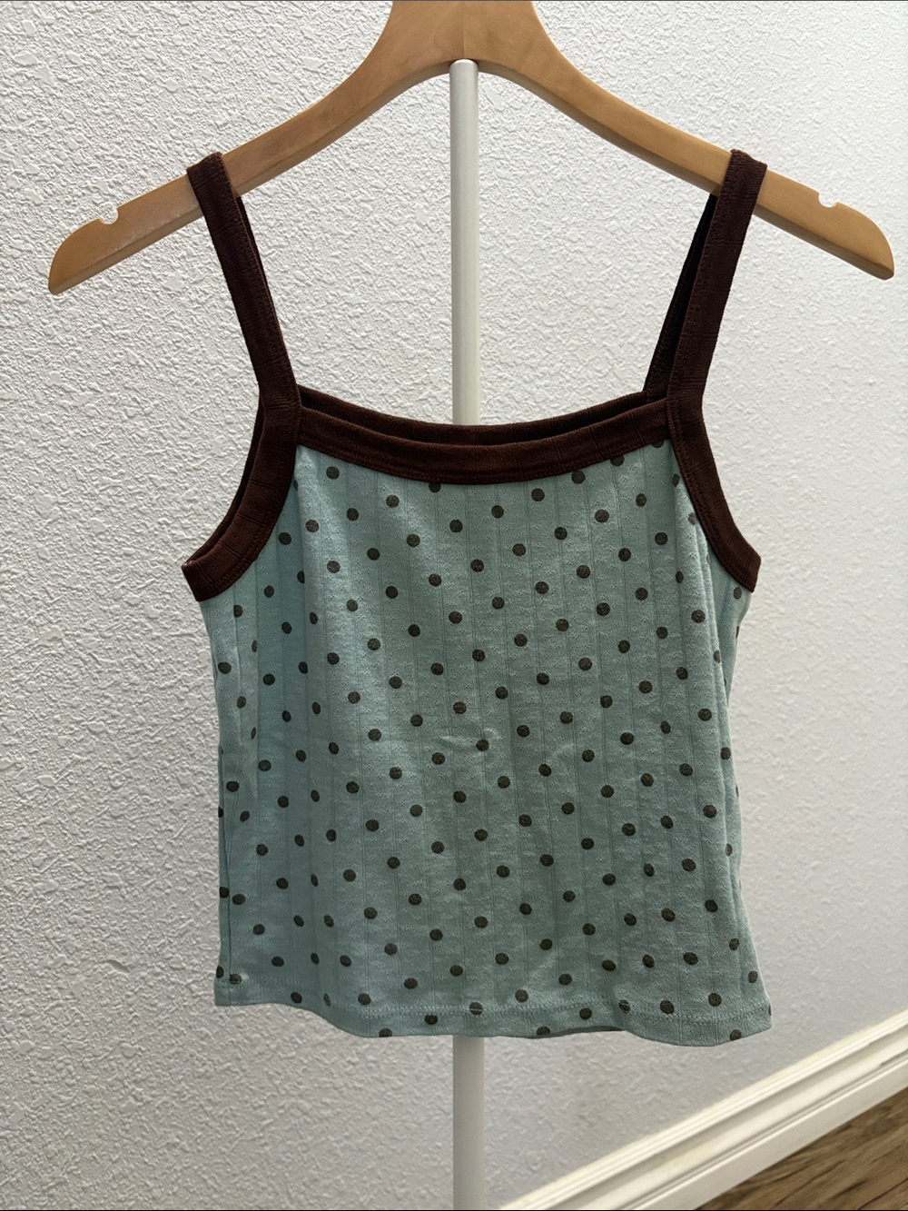 Daydreamer Mint Polka Dot Tank with Brown Trim
